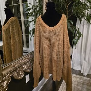 Free People Stretch Knit Oversized Sweater – Size Large, Camel Brown
